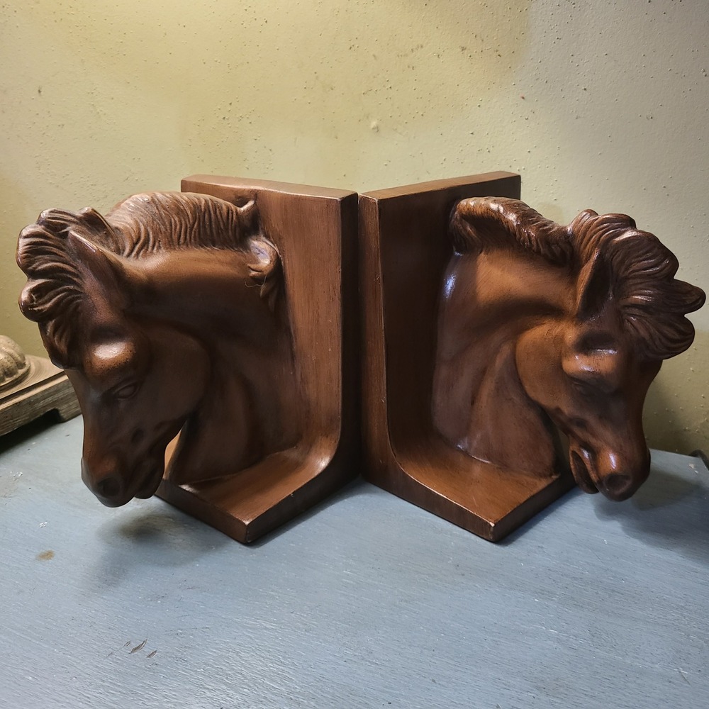 Vintage Mid Century Horse Head Bookends Set Brown Wood Grain Ceramic Antiqued